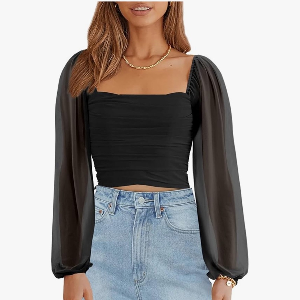 Black Mesh Ruched Top with Sheer Sleeves
